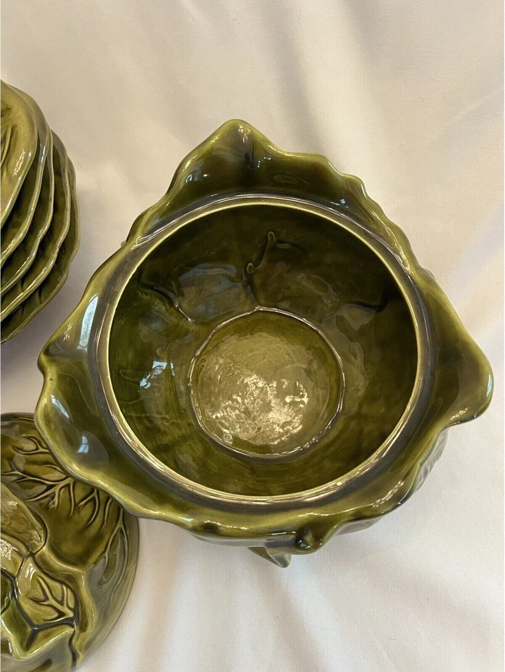 Vintage 1971 Holland Mold Green Cabbage Shaped Tureen with Bowls